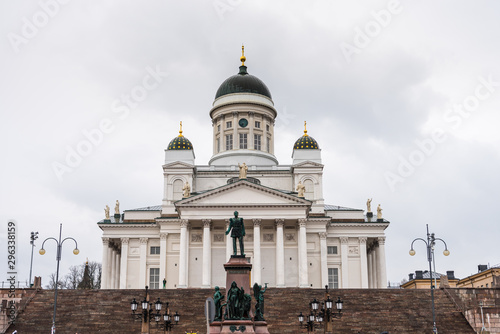 Helsinki Cathedral in a rainy day,  the Finnish Evangelical Lutheran cathedral of the Diocese of Helsinki, located in the neighborhood of Kruununhaka in the centre of Helsinki, Finland.