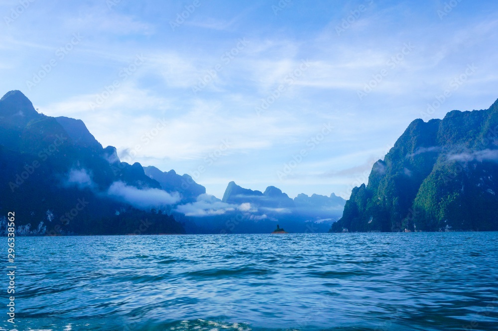 Seascape background. Mountains clouds touched background. Ratchaprapa Dam, SuratThani,Thailand 