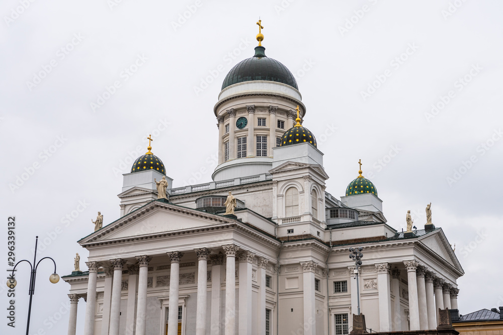 Helsinki Cathedral in a rainy day,  the Finnish Evangelical Lutheran cathedral of the Diocese of Helsinki, located in the neighborhood of Kruununhaka in the centre of Helsinki, Finland.