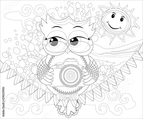Doodles design of a photographer owl taking photo. coloring book for adult, card,poster,banner