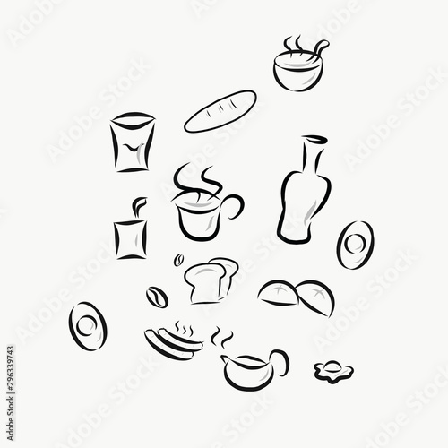 Set of food  bakery and beverage on white background. Bread  egg  coffee  milk  sausage cartoon line. food concept.