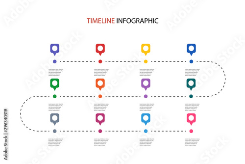 Road map business timeline infographic with 12 step pins. Can be used for business concept, presentation, web design, banners, diagram, workflow, timeline. Vector eps 10