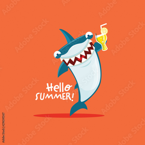 Vector illustration of shark with glass of drink. Hello summer.