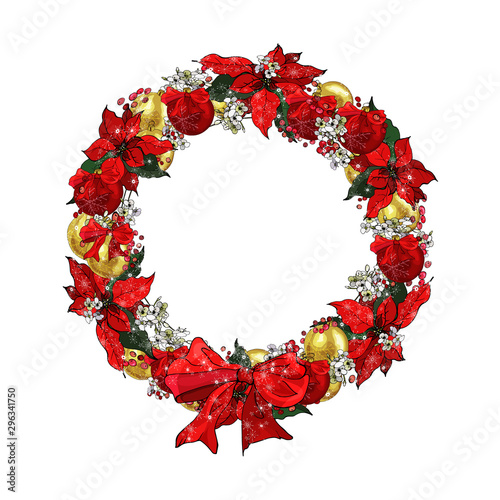 Beautiful Christmas wreath with holly berries  flowers  poinsettia  gold and red balls. Round frame for festive season design  advertisement  greeting cards  invitation  posters. Vector.