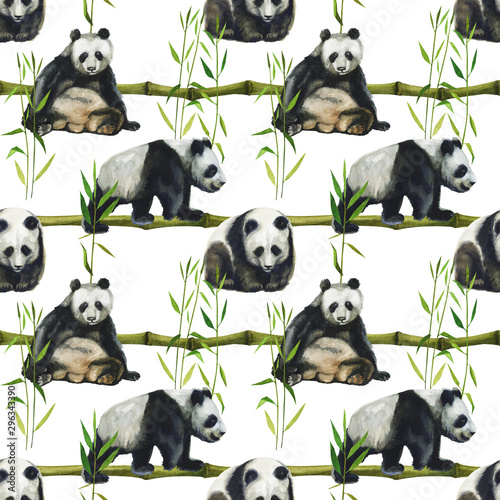 Hand drawn watercolor pattern with panda  bamboo leaves. Seamless patterns