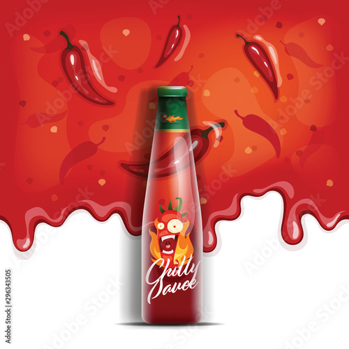 Vector seamless pattern with dripping hot chili sauce. Vector illustration of bottle of chili sauce in realistic style.