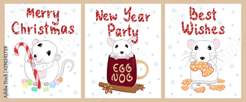 cute little rats new year and christmas greeting cards set, with gingerbread, with sweets and candy cane, in mug eggnog with cinnamon, winter holiday background, chinese zodiac animal, editable vector
