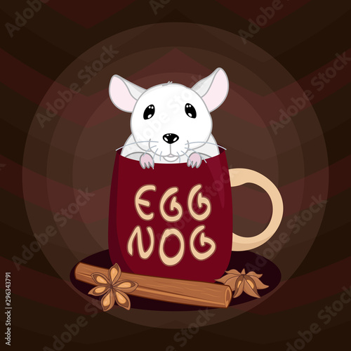 cute little rat in mug eggnog with cinnamon, new year and christmas greeting card, winter holiday background, chinese zodiac animal, editable vector illustration