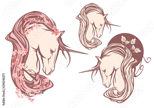 magic unicorn horse among blooming sakura tree branches - spring season art nouveau style mythical animal vector portrait