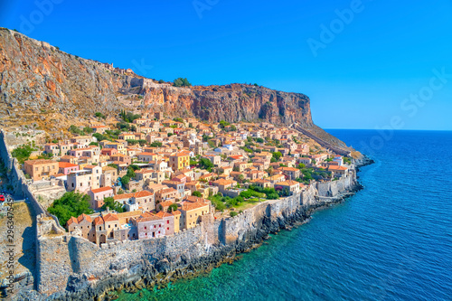 Aerial view of the old town of Monemvasia in Lakonia of Peloponnese  Greece.