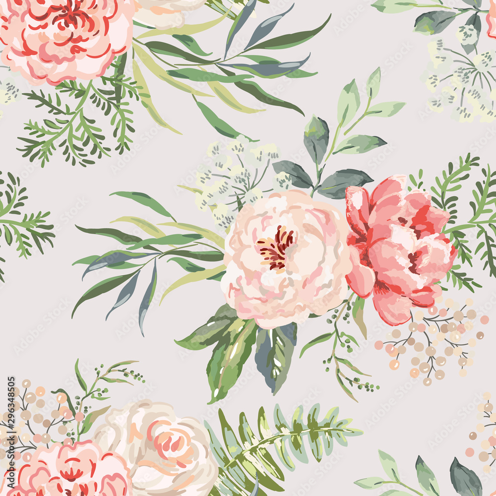 Pink rose, peony flowers with green leaves bouquets background. Floral illustration. Vector seamless pattern. Botanical design. Nature summer plants. Romantic wedding