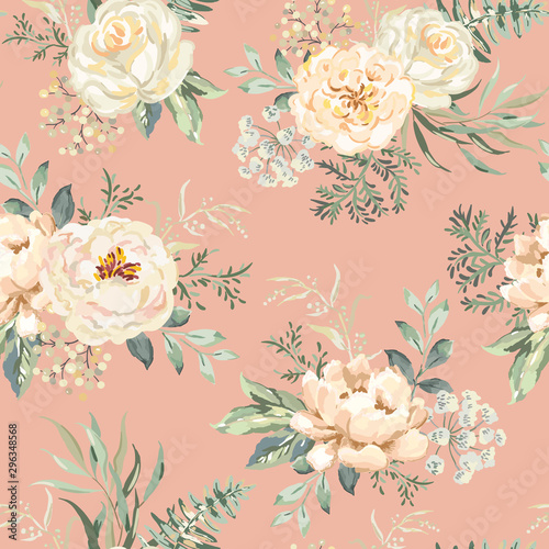 Rose, peony flowers with green leaves bouquets, pink background. Floral illustration. Vector seamless pattern. Botanical design. Nature summer plants. Romantic wedding