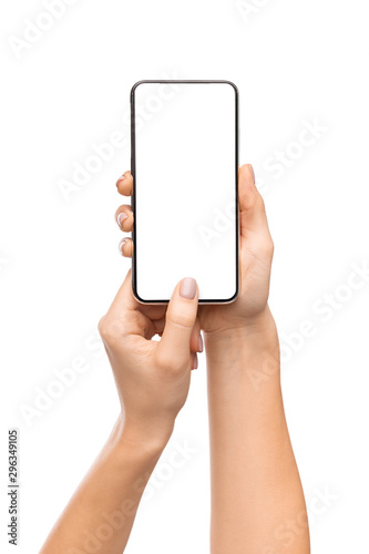 Woman holding smartphone with blank screen, scanning fingerprint