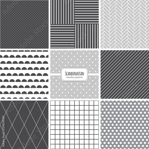 Cute set of Scandinavian geometric seamless patterns in neutral palette colors, vector illustration
