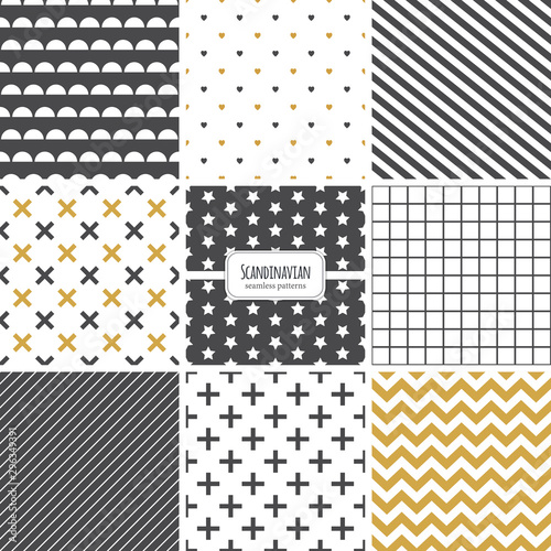 Cute set of Scandinavian geometric seamless patterns in neutral palette colors, vector illustration