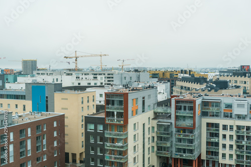 Aerial view of downtown of Helsinki with modern skylines in Finland in a rainy day.
