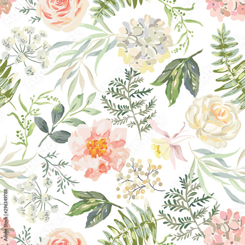 Pink rose, peony flowers, green leaves, fern, white background. Floral illustration. Vector seamless pattern. Botanical design. Nature summer plants. Romantic wedding 