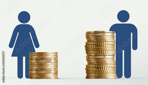 Принти на полотні Gender pay gap, male and female signs near different stacks of coins