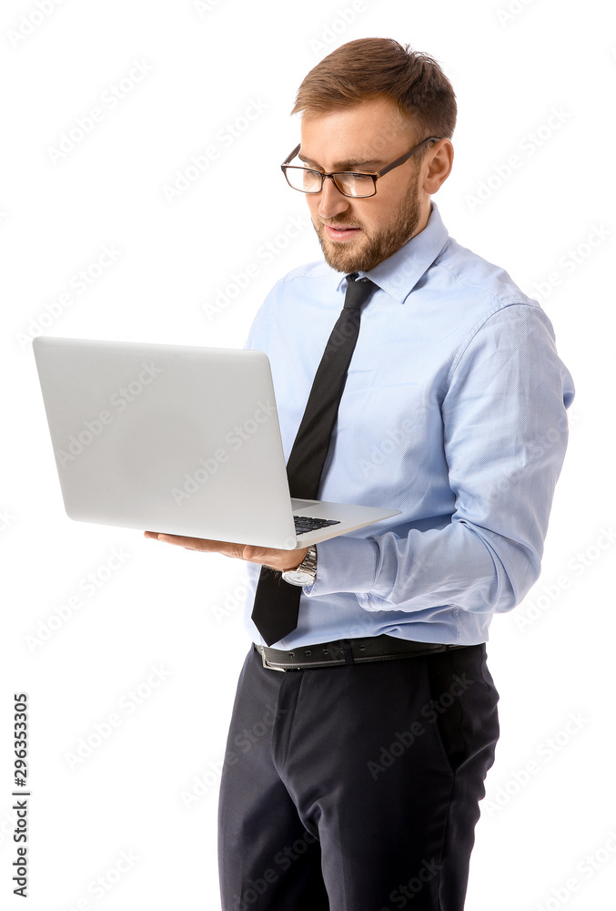 Portrait of handsome businessman with laptop on white background Portrait of handsome businessman with laptop on white background