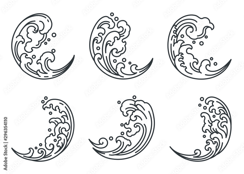 Oriental river wave in half-moon or crescent moon shape line stroke.