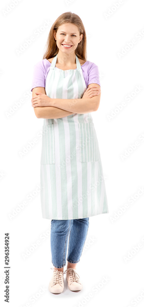 Beautiful young woman in apron on white background Beautiful young woman in apron on white background
