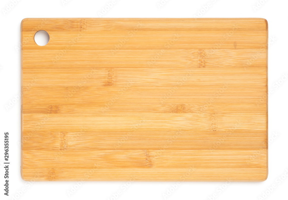 Bamboo cutting board isolated on white background, top view