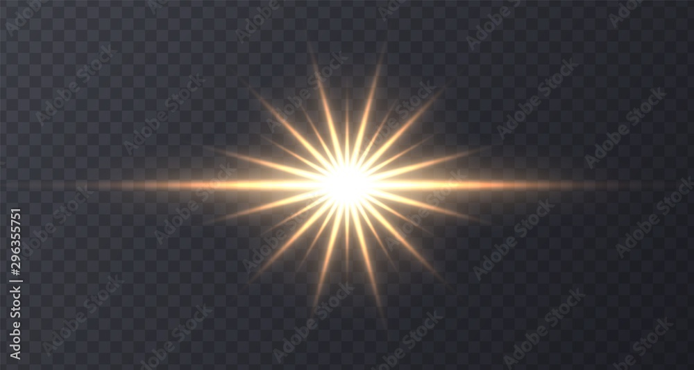 Shining sun flare isolated on dark transparent background. Lens flare, shining star with rays concept. Glowing vector light effect.