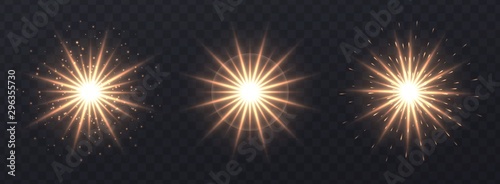 Light flares set isolated on transparent background. Golden lens flares, bokeh, sparkles, meteors, shining stars with rays collection. Glowing vector light effect. Vector illustration.