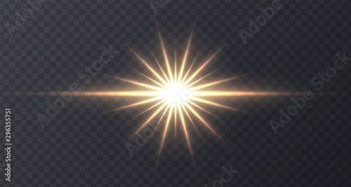 Shining sun flare isolated on dark transparent background. Lens flare, shining star with rays concept. Glowing vector light effect.