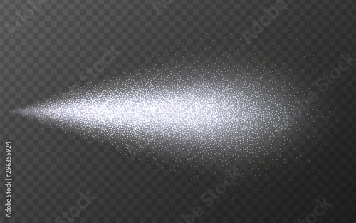 Silver spray paint with glitter particles isolated on transparent background. Silver fashion shimmer spray vector effect. Luxury scent template.
