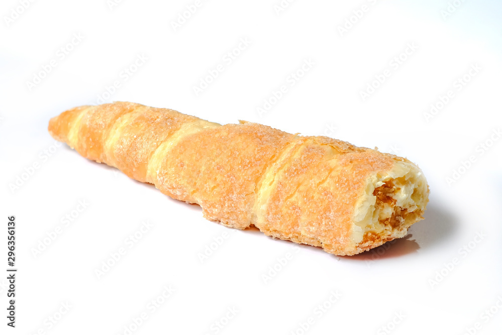 sweet breads cream roll on white background.
