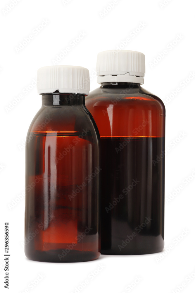 Amber glass bottle of Brown mixture for relieves cough, text on white cap means This way to break seal and to open, isolated on white background, Clipping path. Amber glass bottle of Brown mixture for relieves cough, text on white cap means This way to break seal and to open, isolated on white background, Clipping path.