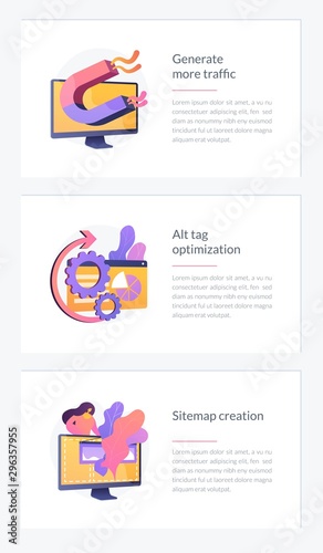 Website promotion services icons set. Search engine optimization business. Generate more traffic, alt tag optimization, sitemap creation metaphors. Website web page template - concept metaphors..