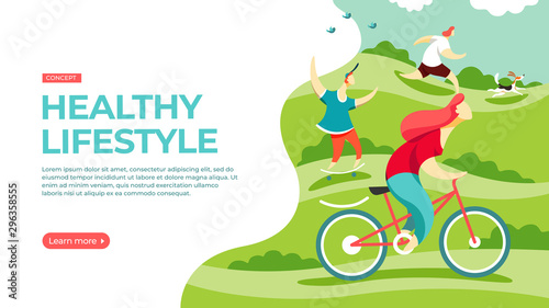 People play sports in the park, riding a bike, skateboarding and doing exercises with a fitball.