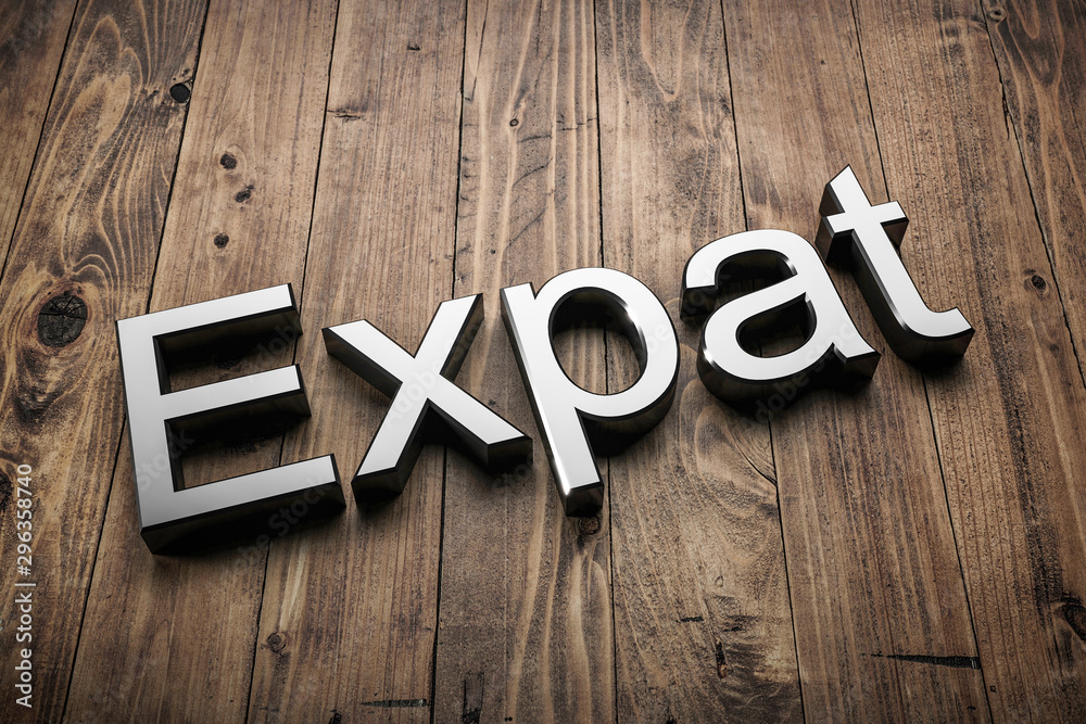 White 3d lettering - Expat - on dark wood. 3d render. White 3d lettering - Expat - on dark wood. 3d render.