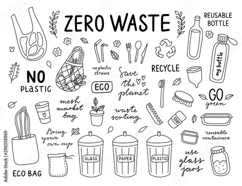 Zero waste hand drawn outline set. Vector ecology lifestyle set on white background. No plastic and recycle elements and icons