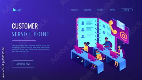 Customer service operators in headsets, phone and email contacts. Contact center, customer service point, customer relationship management concept. Isometric 3D website app landing web page template