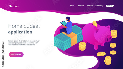 Businessman sitting on banknotes at piggy bank tracking income, expences. Budget control app, home budget application, accounting services concept. Isometric 3D website app landing web page template