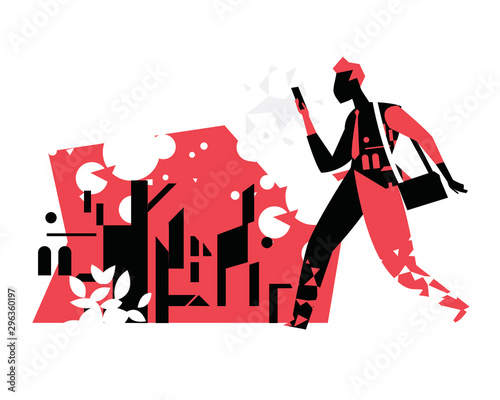Man with cellphone walking with abstract city background. Vector illustration. 
