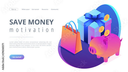 Savings in golden coins in a piggy bank, a shopping bag and a gift box. Cash savings, money spending control, save money motivation concept. Isometric 3D website app landing web page template