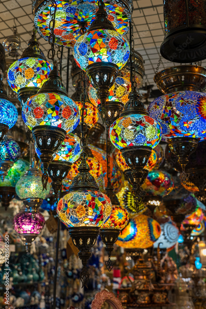 Colorful turkish glass lamps for sale at the street market in Bodrum, Turkey. Close up