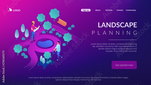 Tiny people landscape designer planning and gardener planting decorative plants. Landscape design, landscape planning, gardening services concept. Isometric 3D website app landing web page template