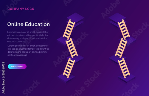Online education, success ladder isometric concept vector illustration. Multilevel bases and wooden stairs on violet background, landing web site page for educational, training