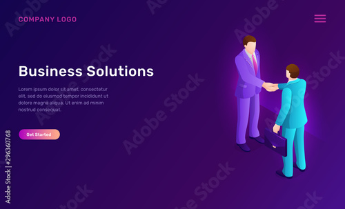 Business solution and agreement isometric concept vector illustration. Two faceless businessmen shake hands, successful deal conclusion, partnership and cooperation banner, recruiting agency web page