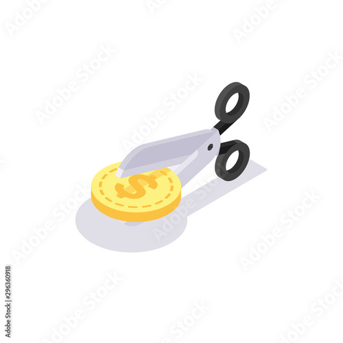 Isometric cutting or lowering price concept. Scissors cutting money bill in half. Tax cut symbol