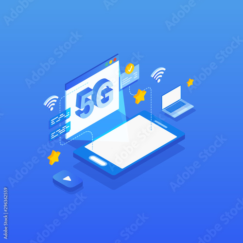 High-speed mobile internet connection concept. Isometric 5G network wireless technology illustration.
