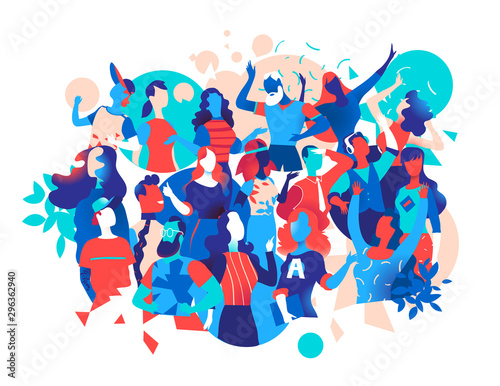 Group of male and female characters celebrate, have fun, dance at a party. Vector illustration