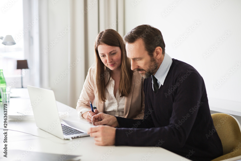 Businessman and employee with laptop and documents working at desk in office
