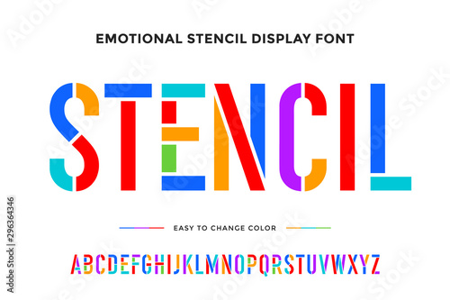 Stencil font. Colorful condensed alphabet and font