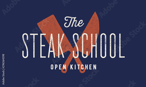 Meat logo. Logo for Steak School with icon chef knife, text typography